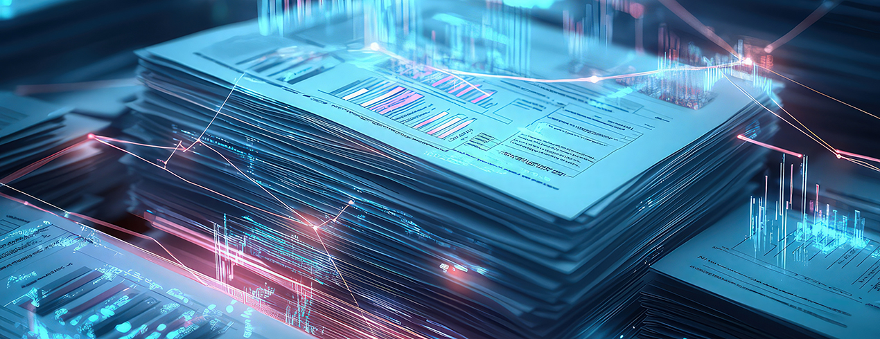 Futuristisch leuchtender Stapel von Finanzberichten, die über digitale Linien mit Grafiken und Balkendiagrammen verbunden sind. Symbolisch für das Thema moderne und digitalisierte Jahresabschlussprüfung und Konzernabschlussprüfung durch Acconsis