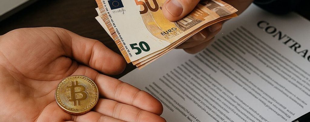 Hand mit Bitcoin und Euro-Scheinen; symbolisch für das Thema Kryptowährung als Vergütung