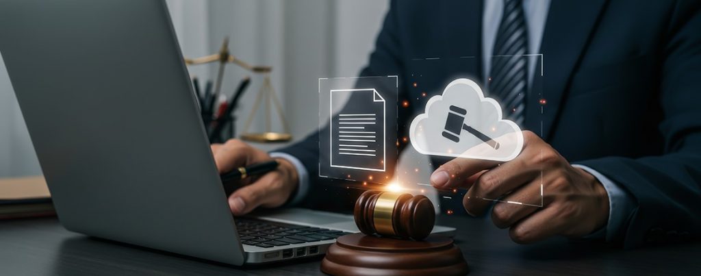 Geschäftsmann am Laptop mit Richterhammer und digitalen Rechtssymbolen – Arbeitnehmerrechte im Verein