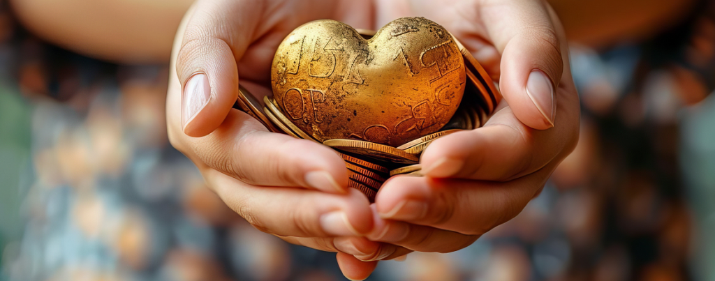 zwei Hände halten ein goldenes Herz
