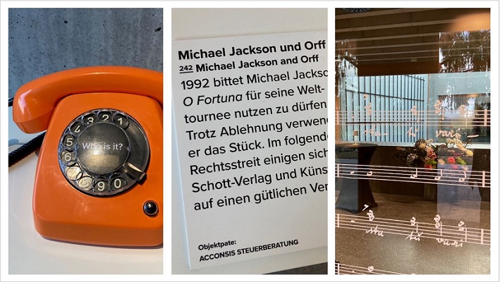 Fotocollage von drei Fotos: oranges Wählscheibentelefon, Beschreibung des Exponats, gefördert von Acconsis, und Impression des Carl Orff Museums