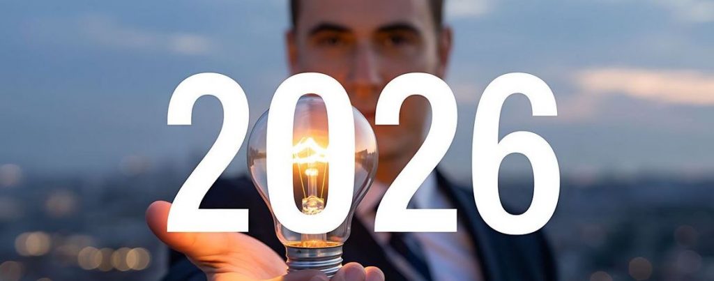 Symbolbild für Steuerberatung 2026: Unternehmer hält eine leuchtende Glühbirne als Zeichen für vorausschauende Steuerplanung