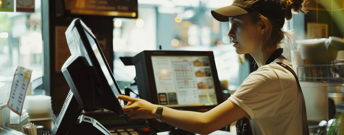 Servickraft im Gastronomiebetrieb bedient die elektronische Kasse; symbolisch für das Thema Gutscheine und Kasse