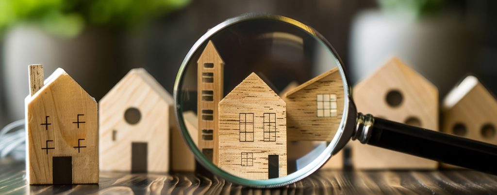 Holzhäuschen hinter Lupe - symbolisch für das Thema Gebäudesanierung und Steuern