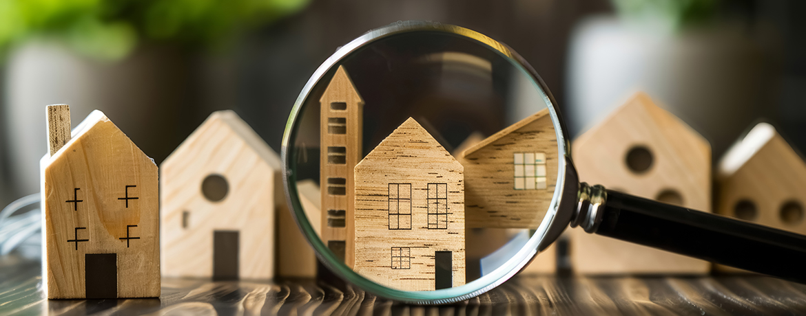 Holzhäuschen hinter Lupe - symbolisch für das Thema Gebäudesanierung und Steuern