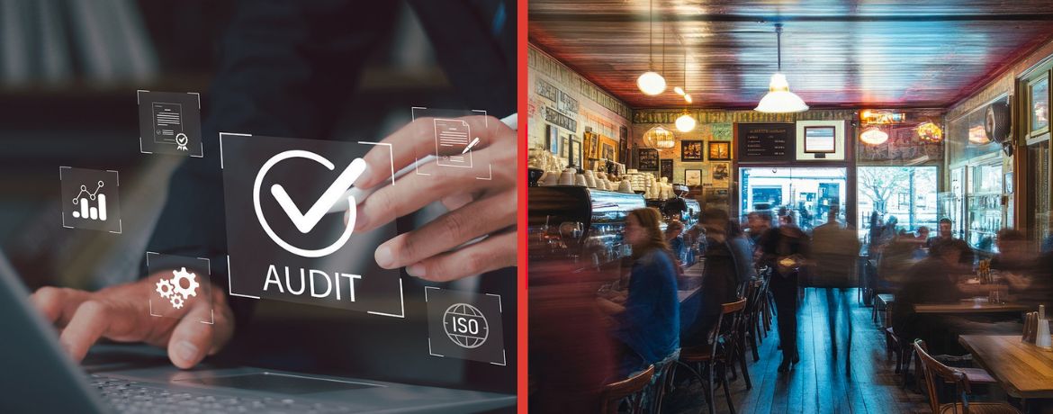 Links Mann an Laptop mit Audit-Zeichen, Rechts volles Restaurant - symbolisch für das Thema Kassenprüfung in der Abschlussprüfung