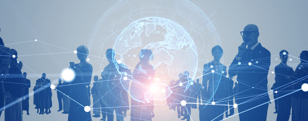 Virtuelle Menschen vor Zahlenverknüpfungen und virtuellem Globus- symbolisch für das Thema Digitale Abschlussprüfung, auch im internationalen Umfeld