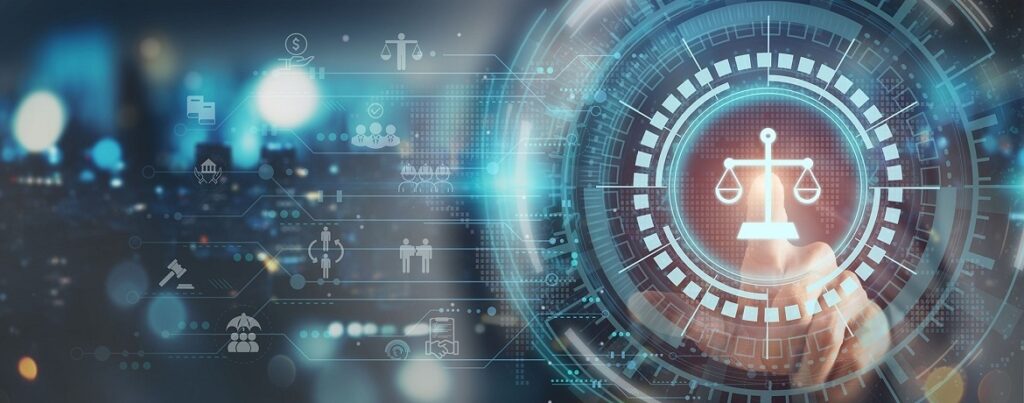 Virtuelle Waage in Kreis, futuristisches Ambiente, Symbolisch für das Thema Entgelttransparenzgesetz