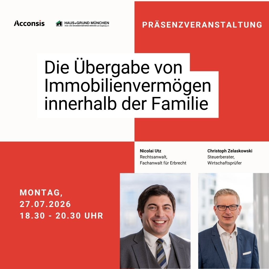 Acconsis Seminar "Die Übergabe von Immobilienvermögen innerhalb der Familie" am 27.07.2026