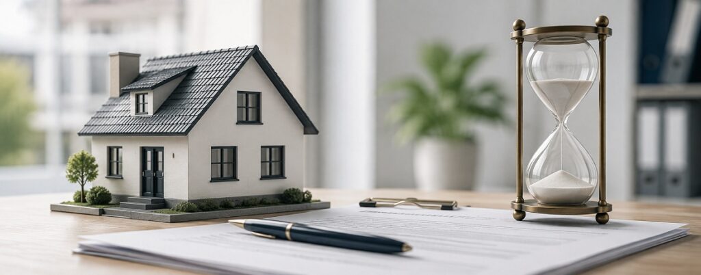 Kleines Modellhaus, Kaufvertrag und Sanduhr - symbolisch für das Thema Spekulationsfrist bei Immobilien