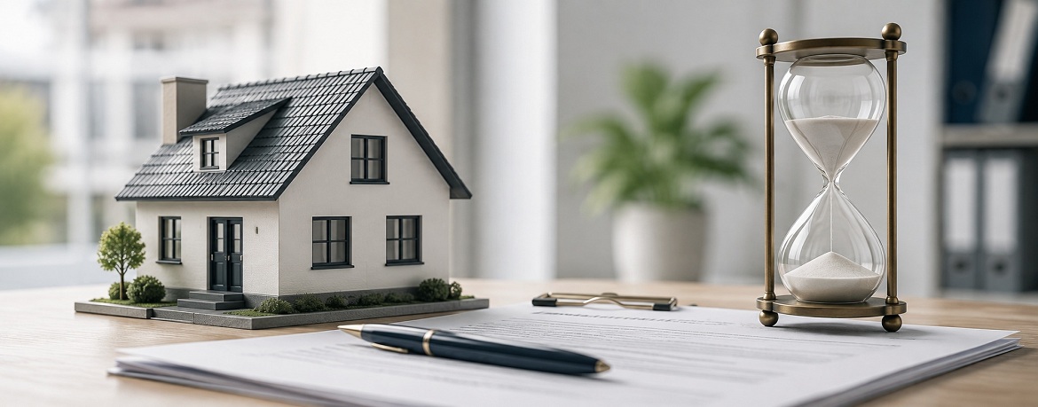Kleines Modellhaus, Kaufvertrag und Sanduhr - symbolisch für das Thema Spekulationsfrist bei Immobilien
