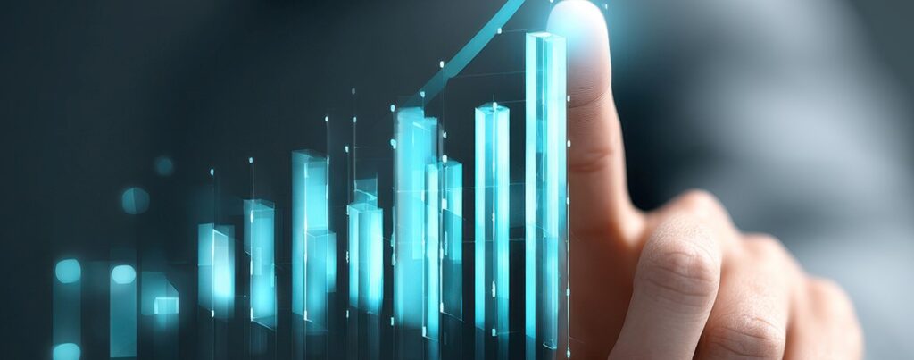 Finger zeigt auf virtuelle Wachstumskurve-symbolisch für das Thema IP Management, Steuern und Bewertung