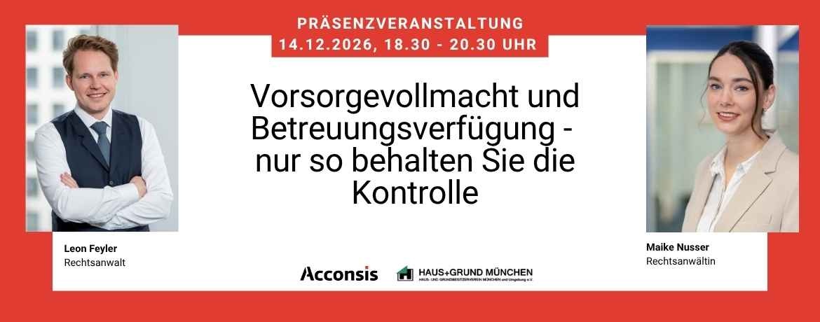 Eventankündigung Vorsorgevollmacht und Betreuungsverfügung, 14.12.2026. Acconsis